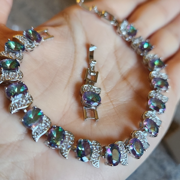 New 925 Silver Oval Cut Mystic Topaz Diamond Bracelet for Women with Extention - Picture 11 of 11